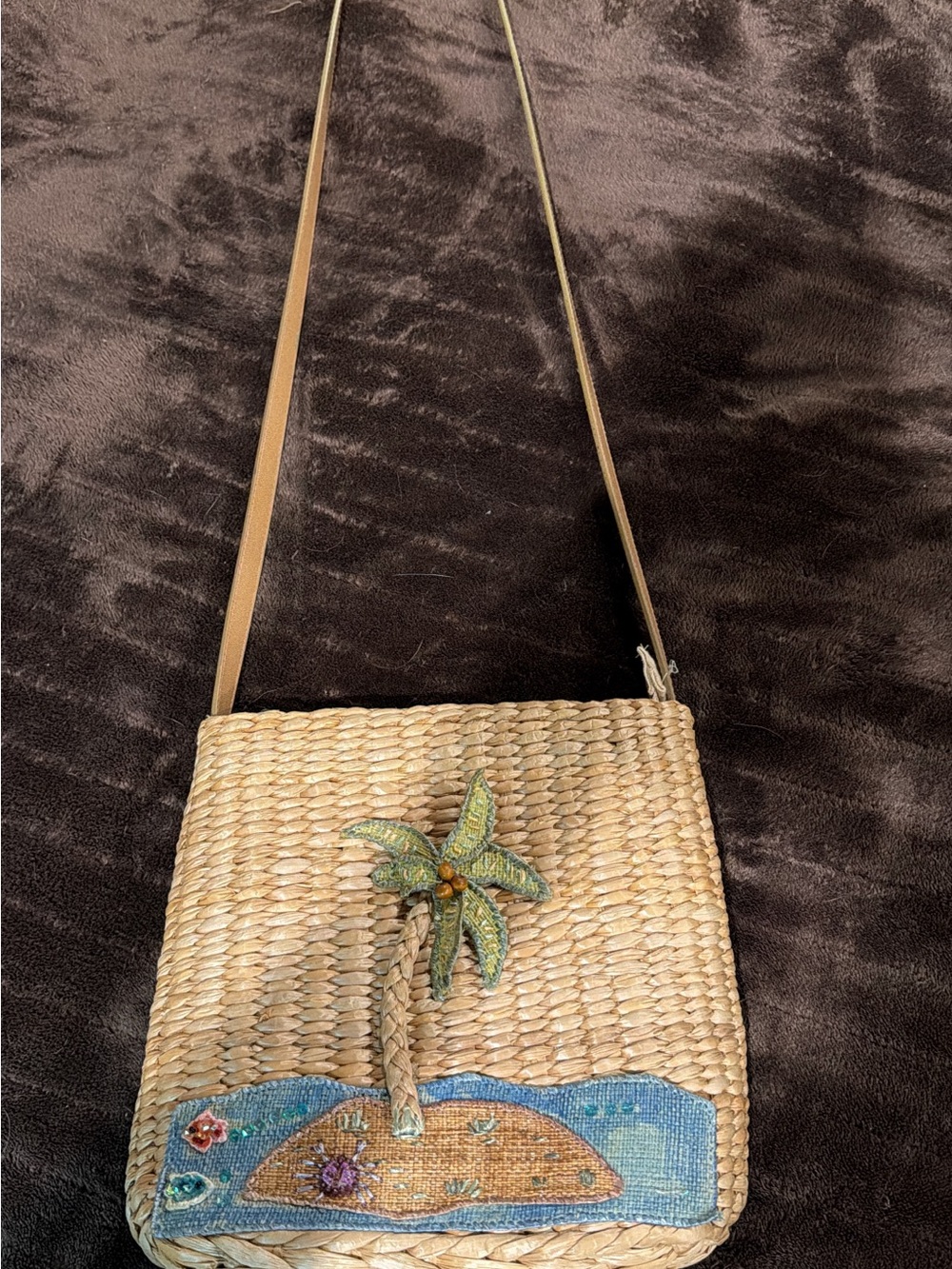 Natural Straw Woven Crossbody Bag with Palm Tree Appliqué